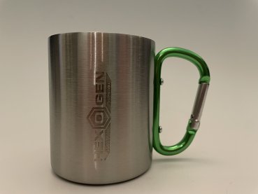 Edelstahltasse mit Karabinerhaken 220 ml mit "Hexogen" Lasergravur